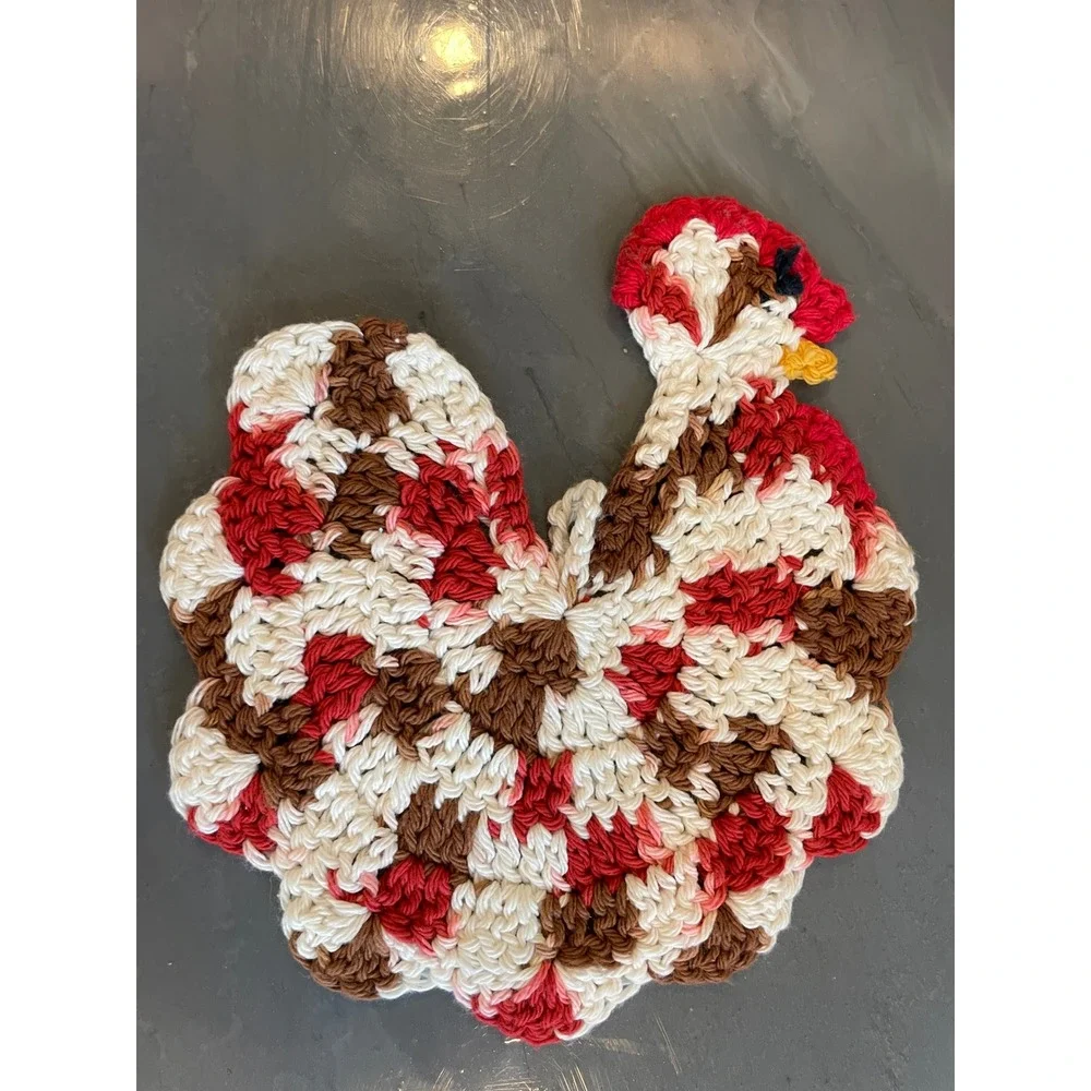 VTG Handmade Crochet Chicken Doily Toaster Cover Rooster Potholder Set Farmhouse